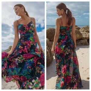 Xscape Printed Pleated Chiffon Maxi Cocktail Dress